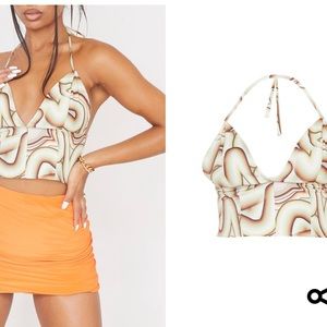 PLT Sage Green Abstract Print Woven Halterneck Crop Top